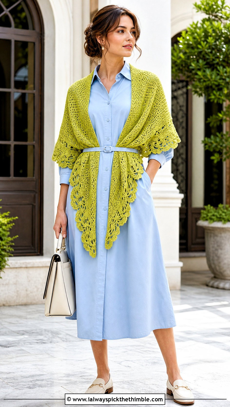 Scalloped Triangle Shawl With Belted Shirt Dress - 20 easy crochet triangle shawl outfit ideas
