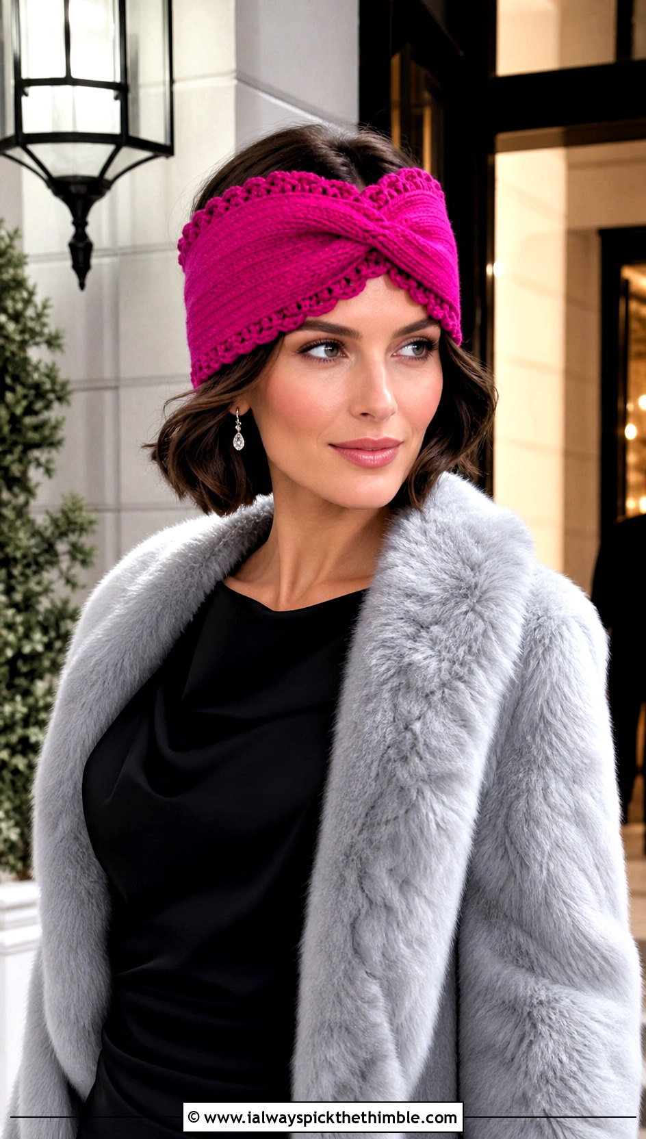 Scalloped Twist Ear Warmer With Faux Fur Coat - 20 Crochet Twist Ear Warmer outfit ideas