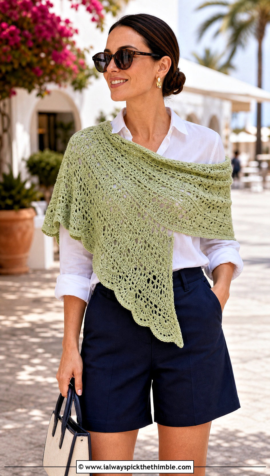 Scalloped V Shaped Crochet Shawl With Bermuda Shorts - 15 V Shaped Crochet Shawl outfit ideas