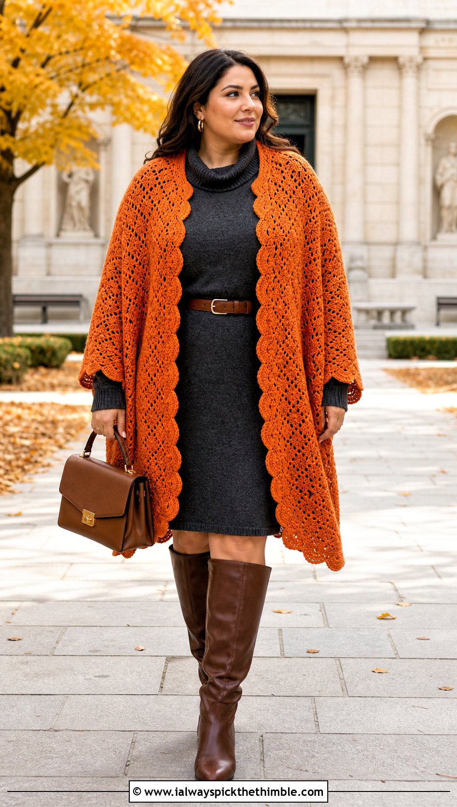 Scalloped V Stitch Crochet Shawl With Sweater Dress - 20 V Stitch Crochet Shawl outfit ideas