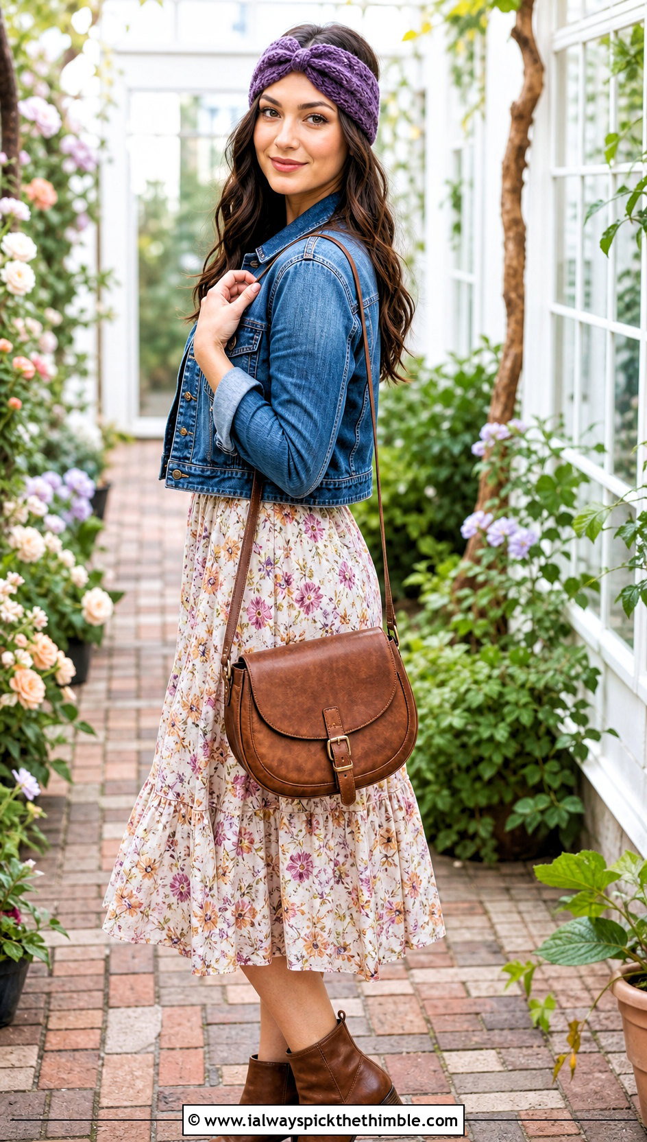 Scalloped Velvet Twist Crochet Headband With Floral Dress And Denim Jacket - 20 Velvet Twist Crochet Headband outfit ideas