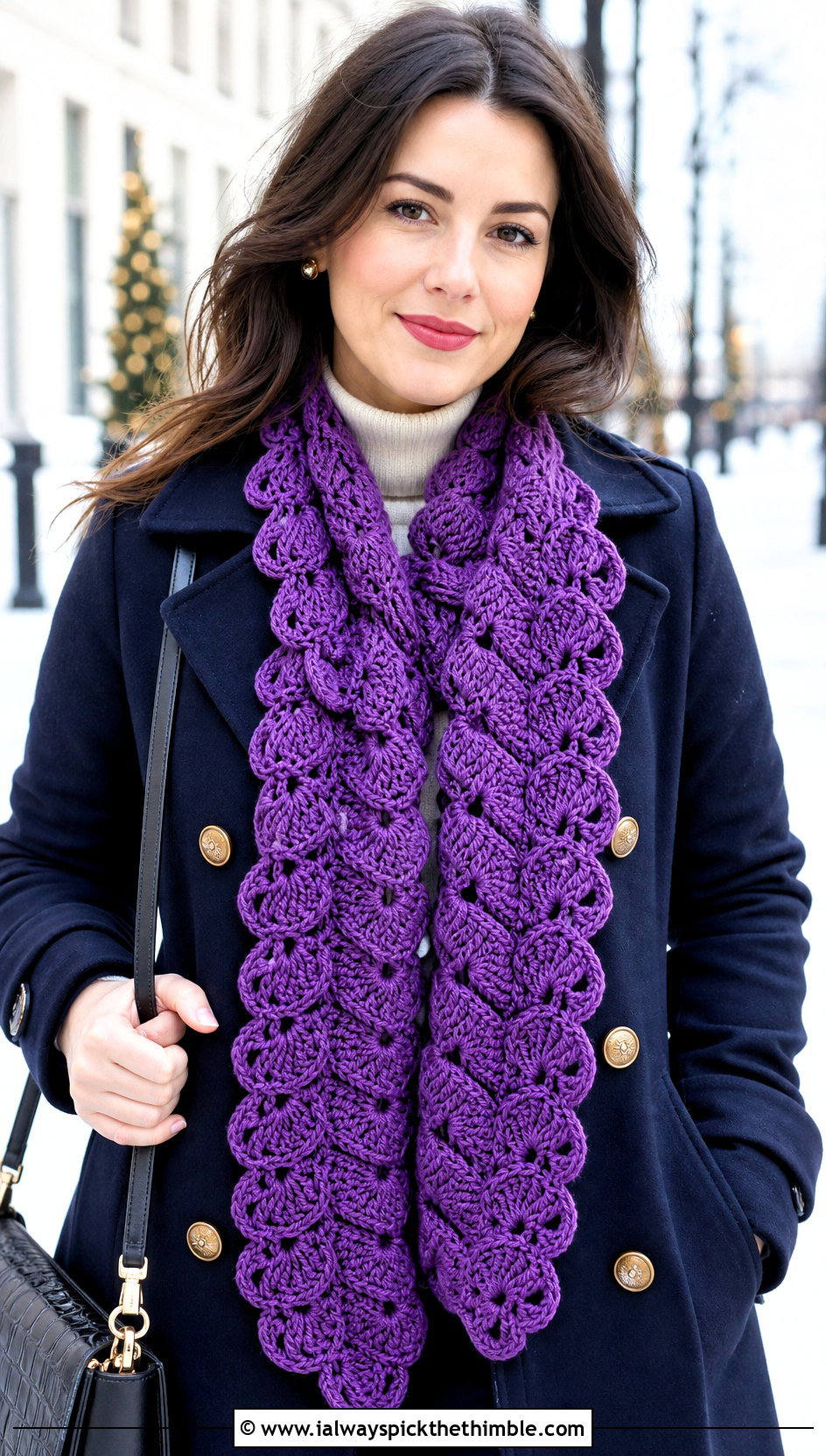 Scalloped Wave Crochet Scarf With Peacoat and Mini Skirt - 20 wavy crochet scarf outfit ideas