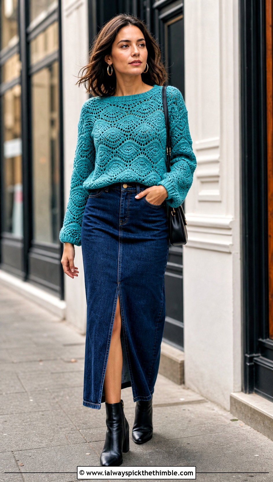 Scalloped Wave Crochet Sweater With Denim Maxi Skirt - 25 wavy crochet sweater outfit ideas