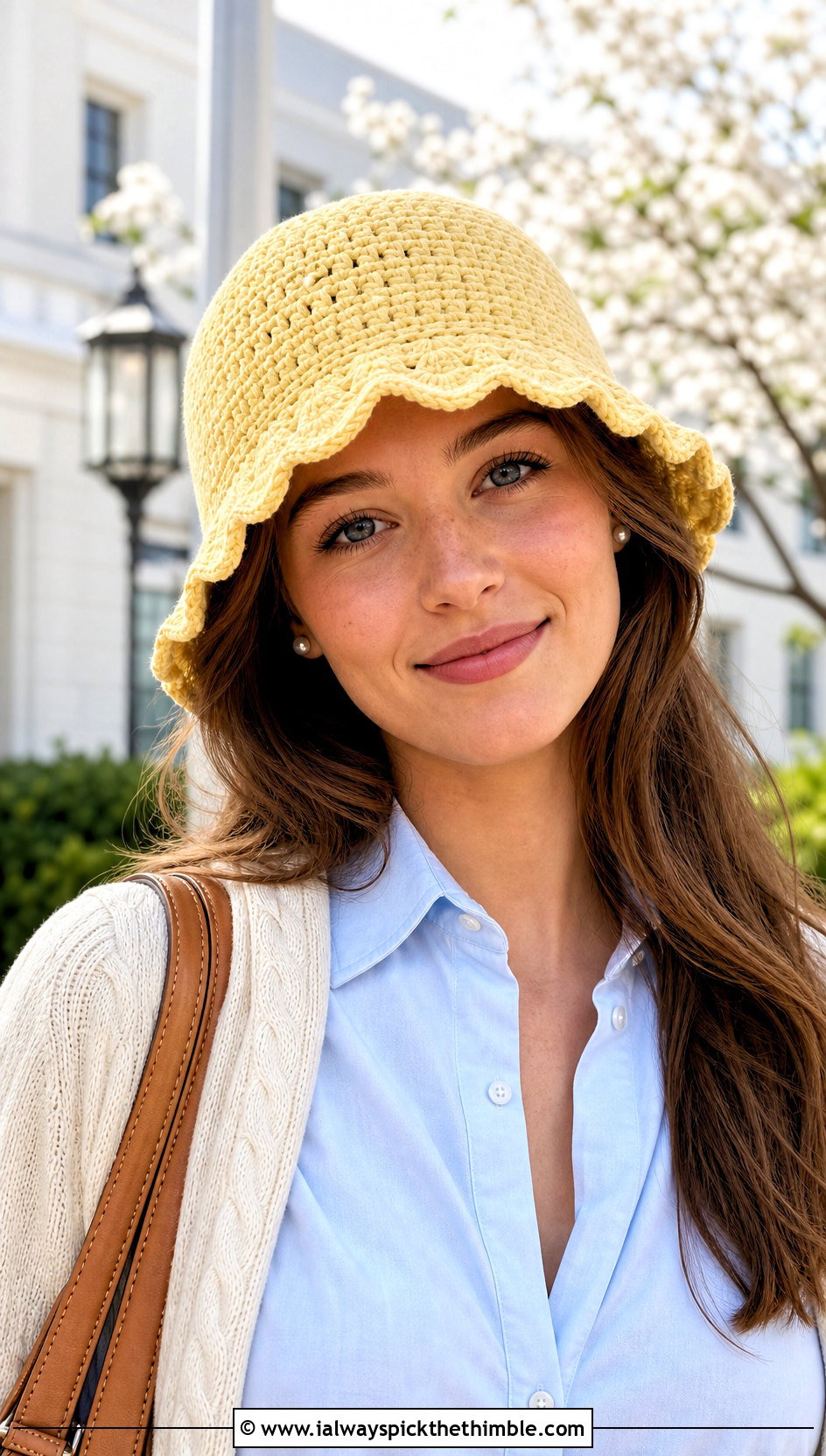 Scalloped Yellow Crochet Bucket Hat With Preppy Outfit - 20 yellow crochet bucket hat outfit ideas