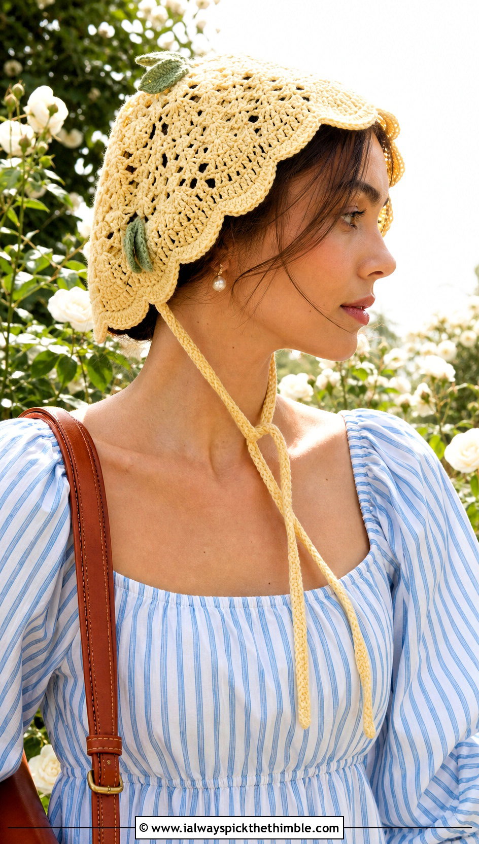 Scalloped Yellow Crochet Pineapple Bonnet With A Prairie Dress - 15 Yellow Crochet Pineapple Hat outfit ideas