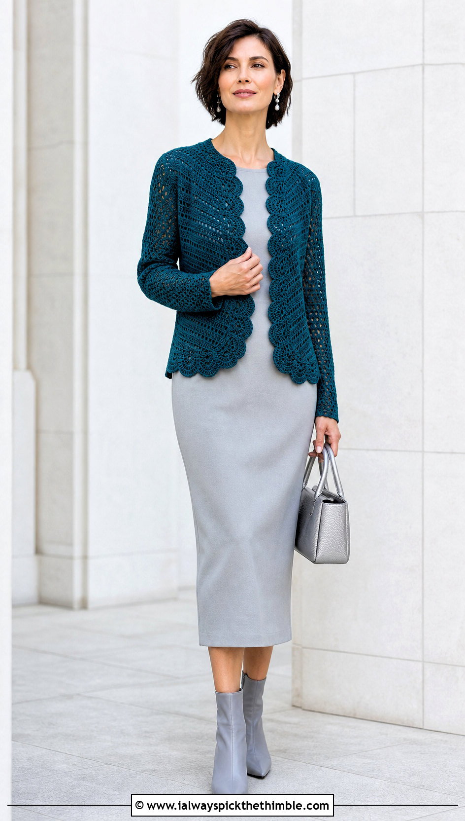 Scalloped Yoke Cardigan With Column Dress - 20 Crochet Yoke Cardigan outfit ideas