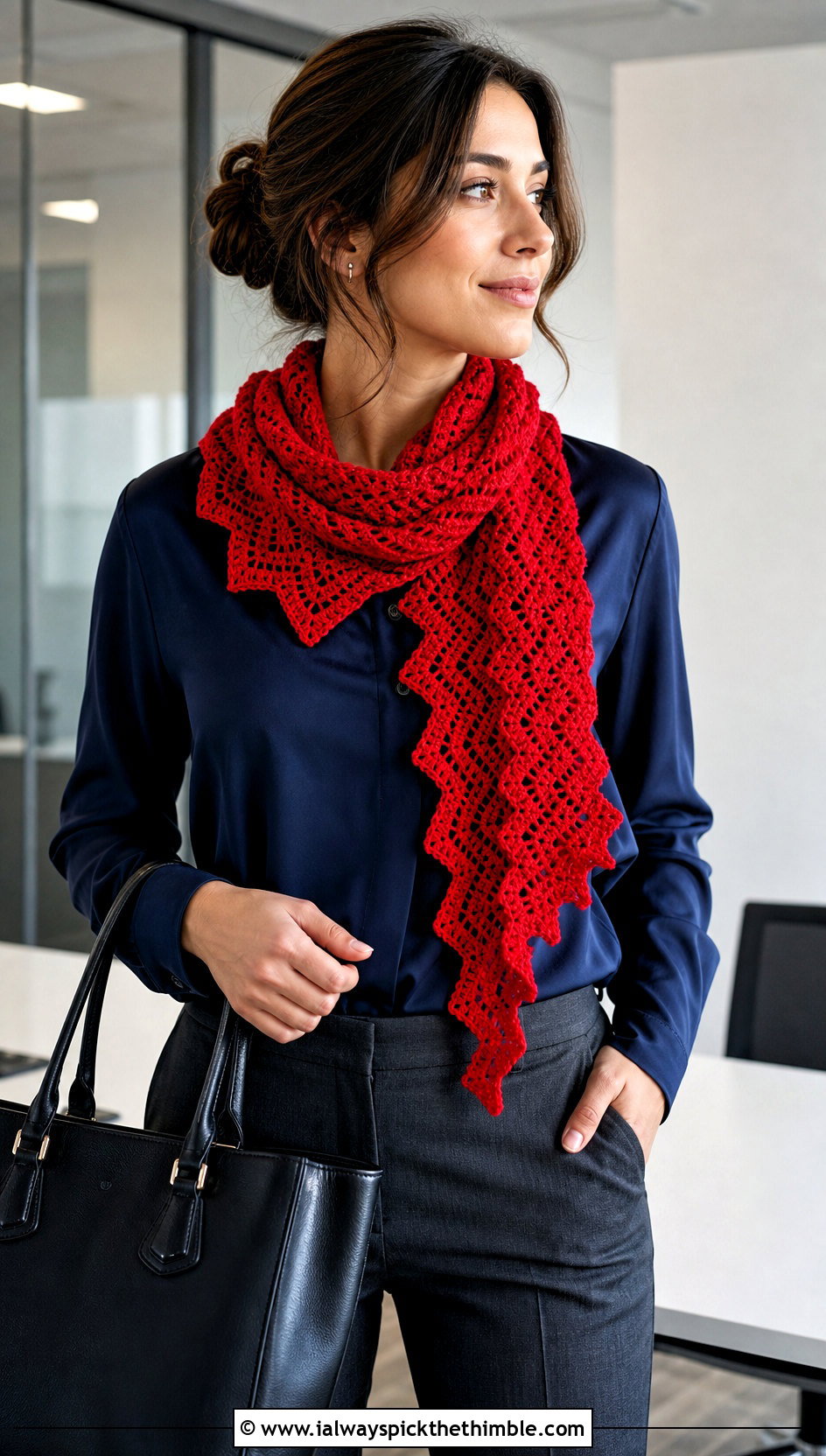 Scalloped Zig Zag Crochet Scarf With Office Trousers - 20 Crochet Zig Zag Scarf outfit ideas
