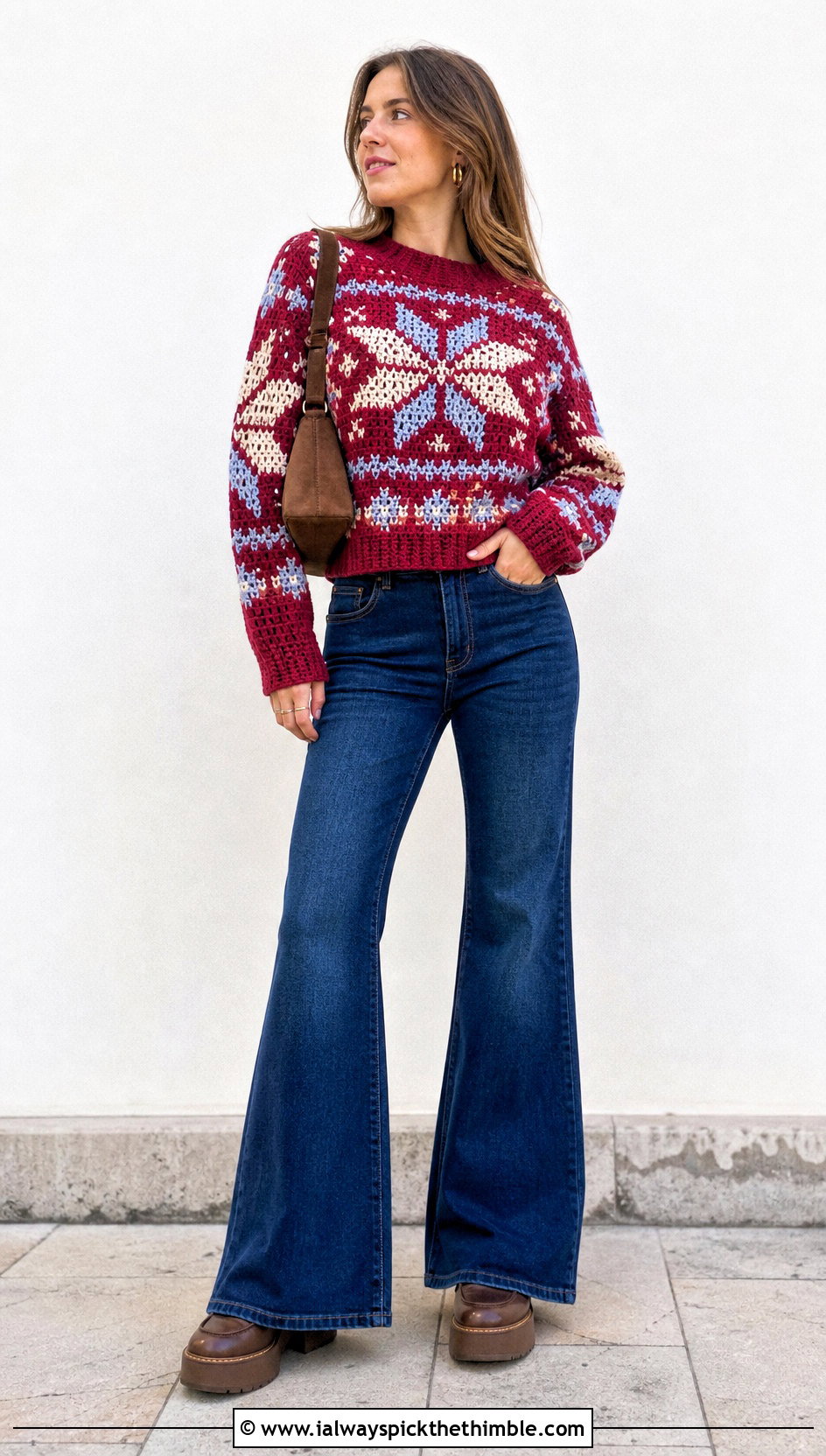 Scandinavian Snowflake Fair Isle Crochet Sweater With Flared Jeans - 20 fair isle crochet sweater outfit ideas