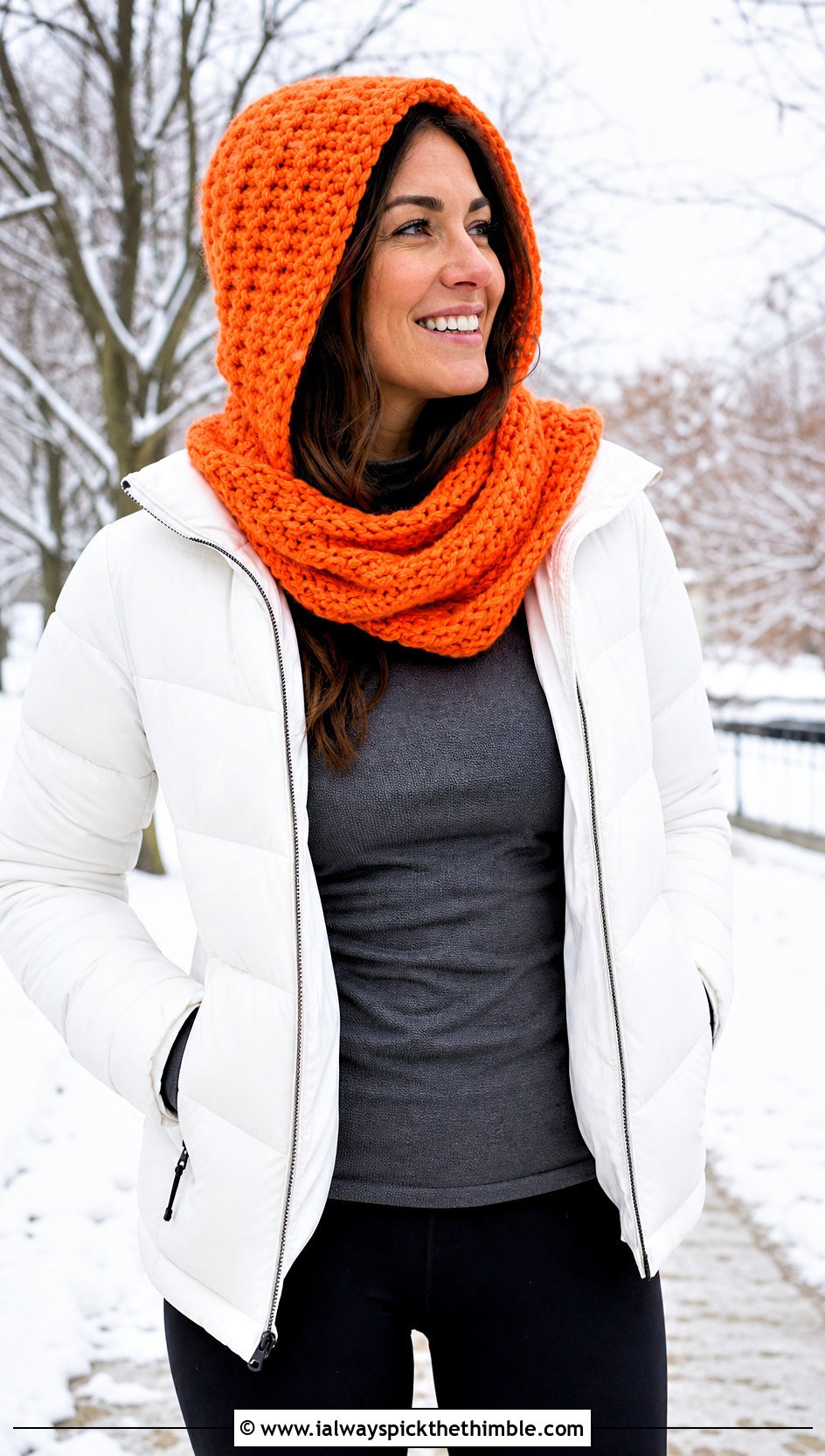 Scarf Style Crochet Hood Hat With Puffer Jacket - 20 crochet hood hat outfit ideas