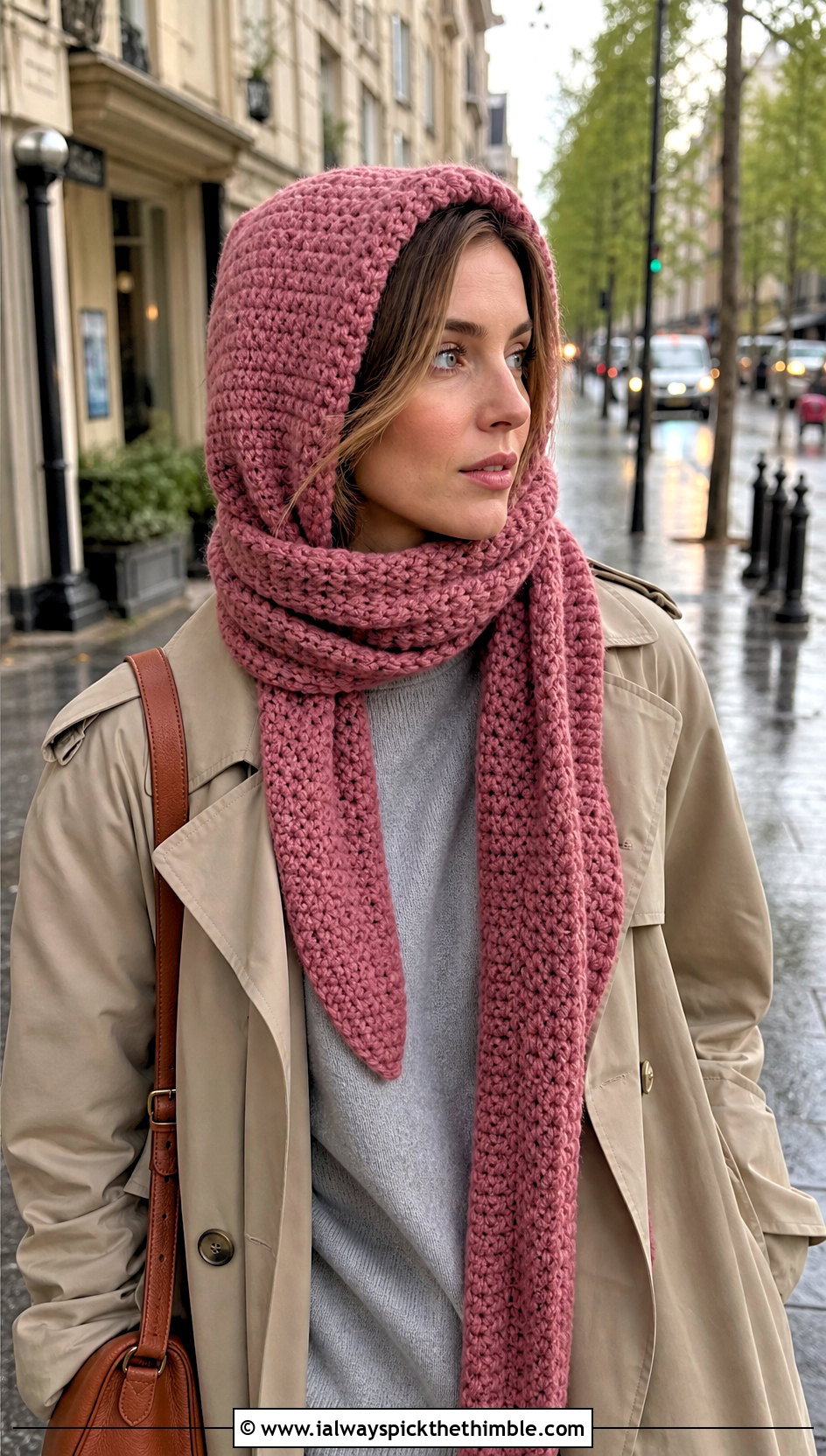 Scarf Style Pink Crochet Balaclava With Trench Coat - 20 Pink Crochet Balaclava outfit ideas