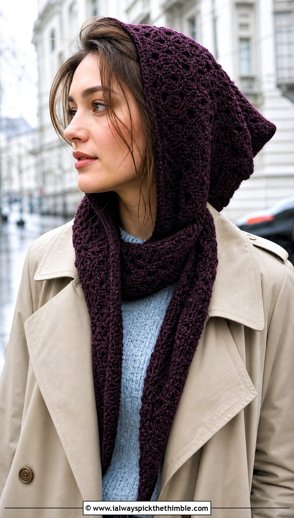Scarf Style Pixie Hood With Trench Coat And Wide Leg Jeans - 20 crochet pixie hat outfit ideas
