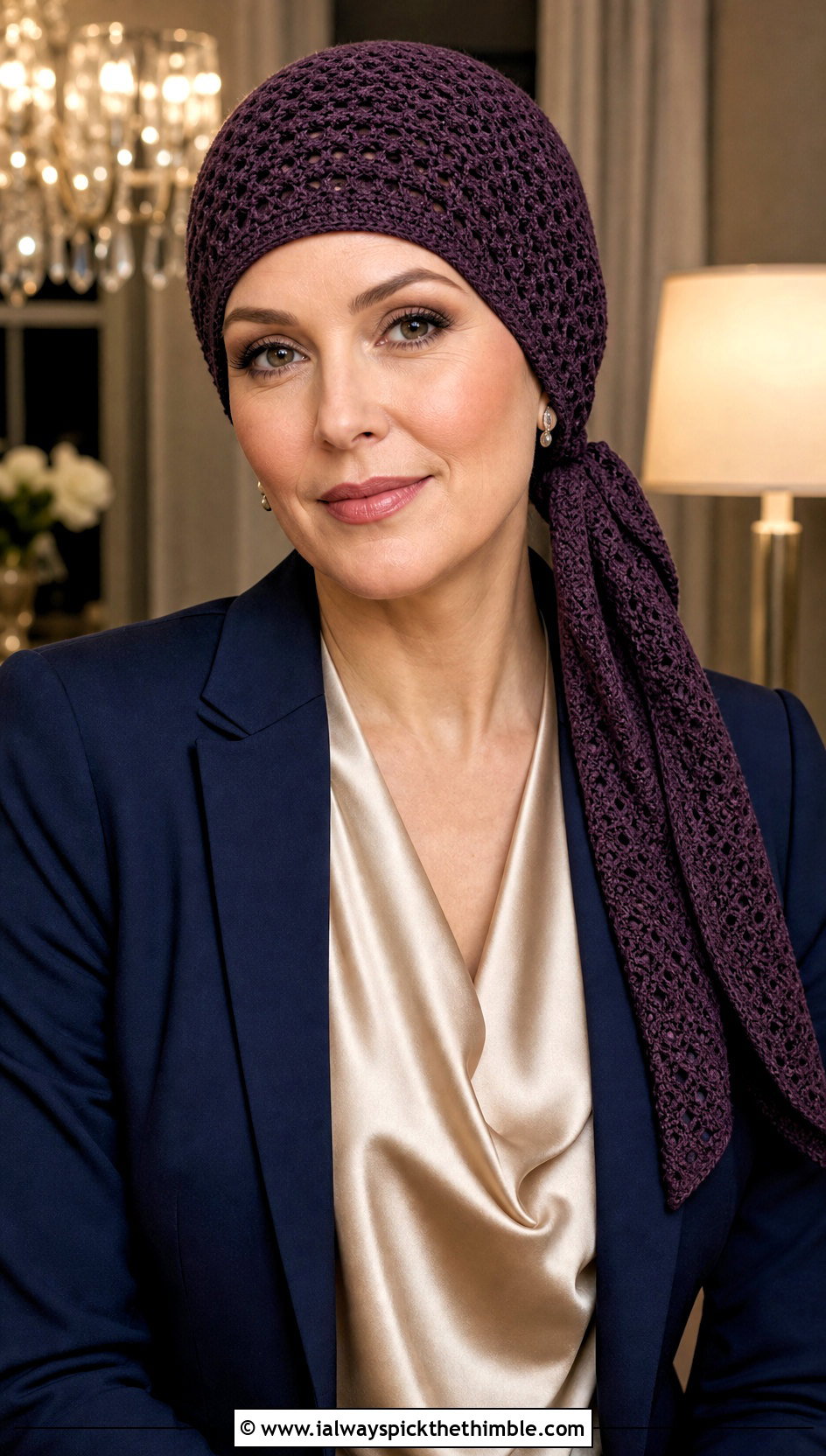 Scarf Tie Crochet Chemo Cap With Satin Blouse - 20 Easy Crochet Chemo Hats outfit ideas