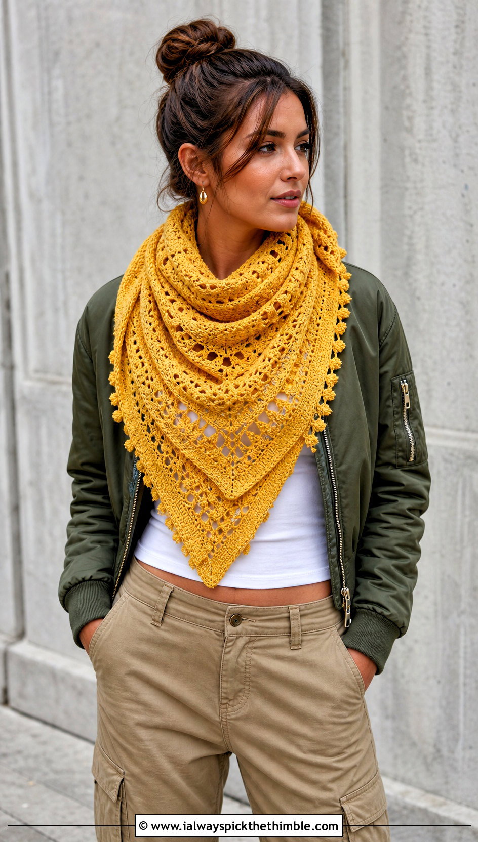 Scarf Wrapped Fall River Crochet Shawl With a Bomber Jacket - 20 Fall River Crochet Shawl outfit ideas