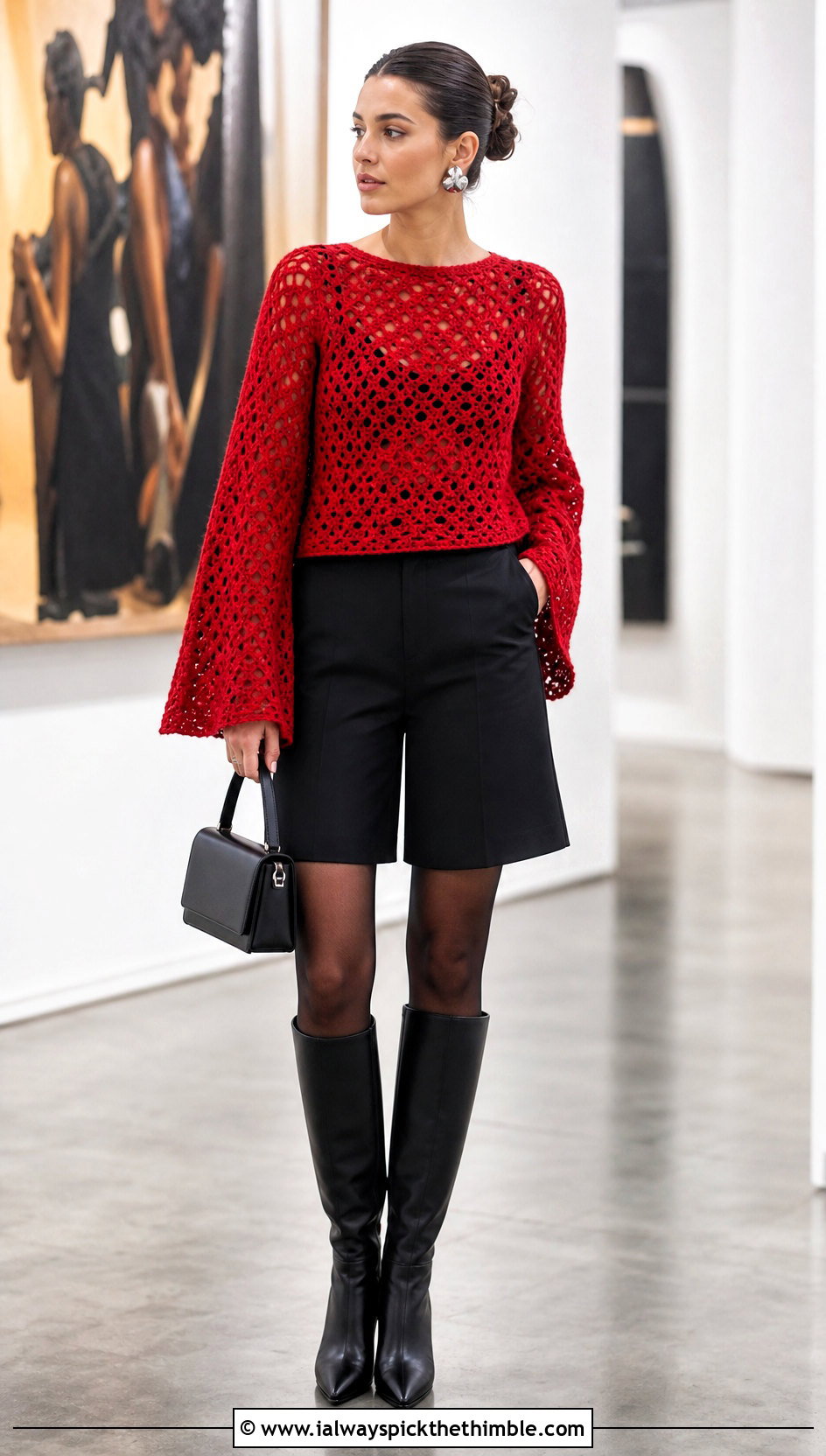 Scarlet Bell Sleeve Crochet Sweater With Tailored Shorts - 15 bright crochet sweater design outfit ideas
