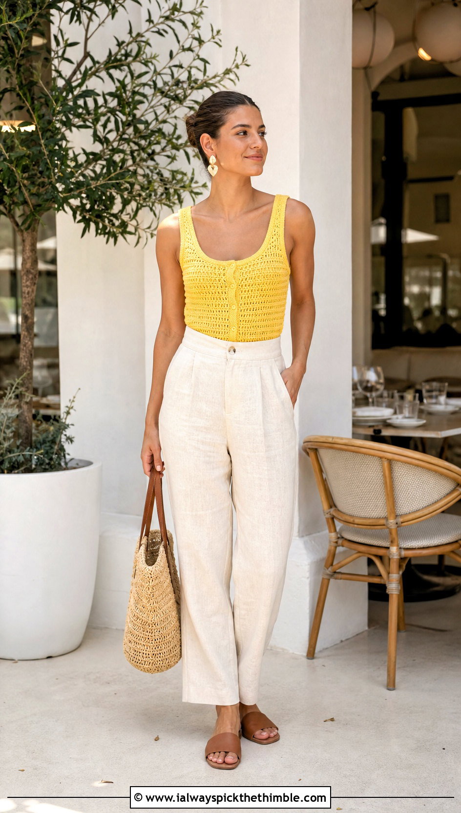Scoop Neck Crochet Button Up Tank Top With Linen Trousers - 15 Crochet Button Up Tank Top outfit ideas