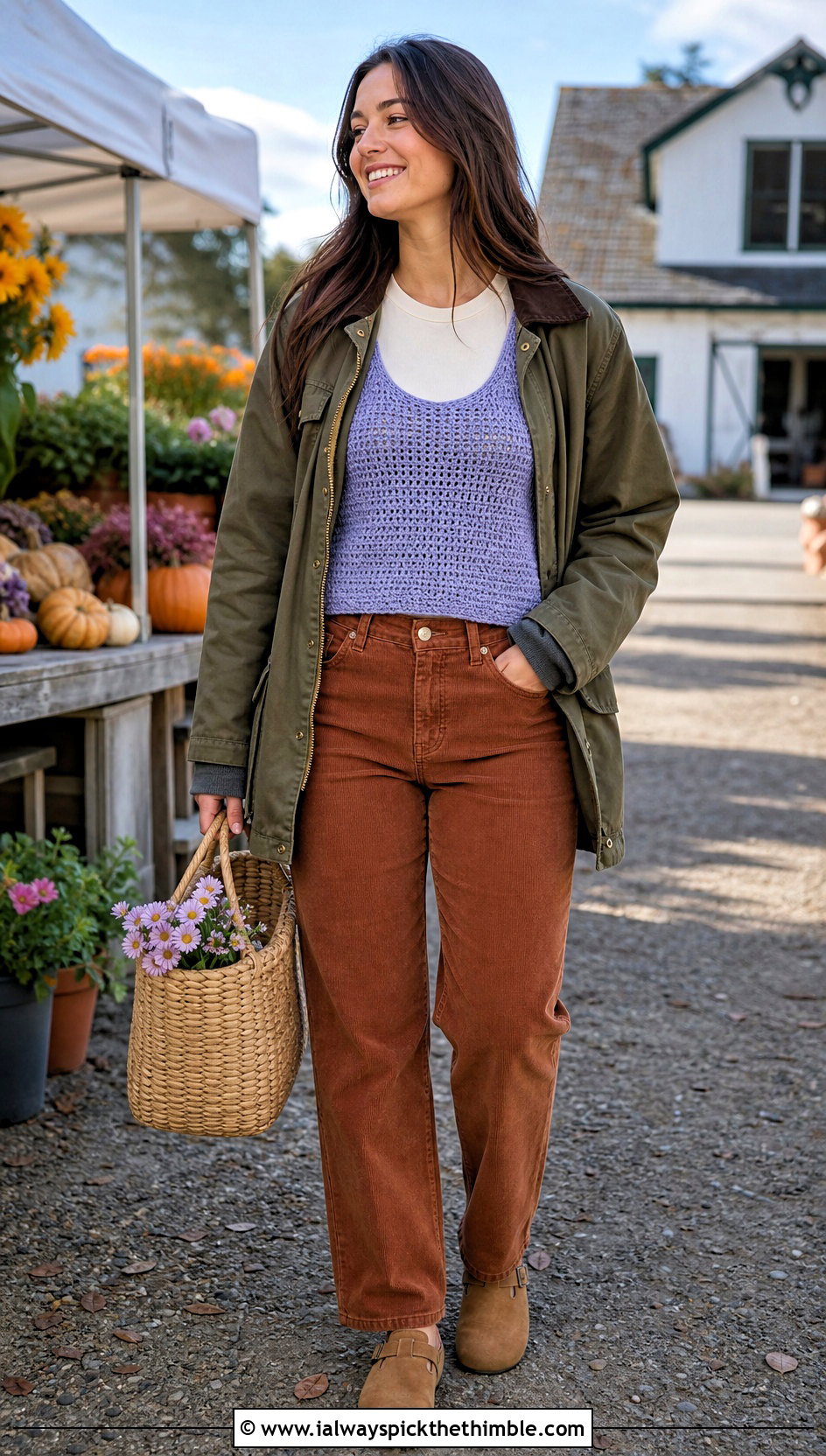 Scoop Neck Crochet Cami With Corduroy Pants - 20 Crochet Cami outfit ideas