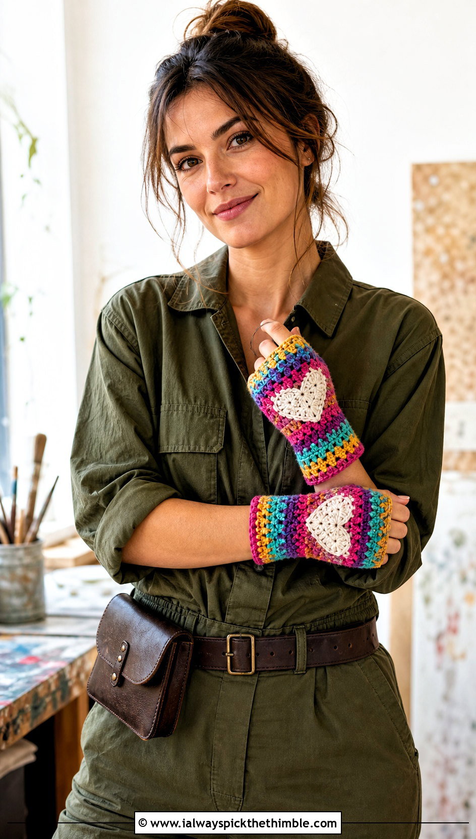 Scrap Heart Fingerless Gloves With Utility Jumpsuit - 15 Heart Crochet Gloves outfit ideas
