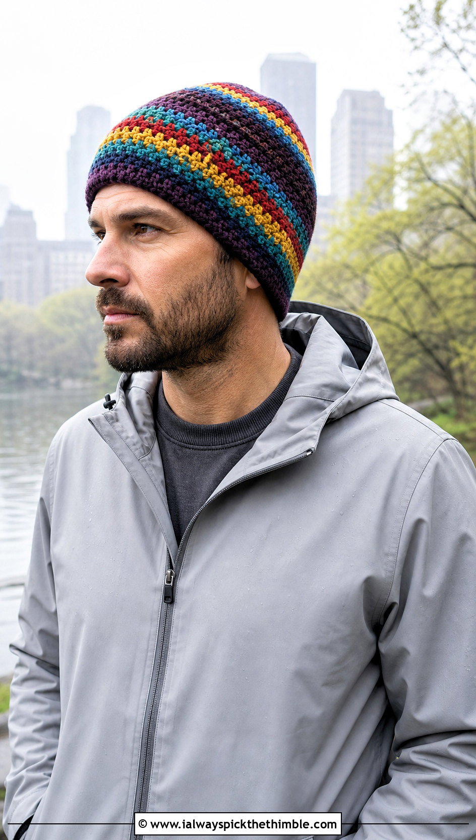 Scrap Yarn Crochet Beanie With Rain Jacket - 20 easy crochet beanie for men outfit ideas