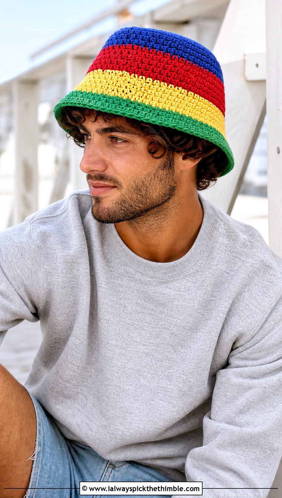 Scrap Yarn Crochet Bucket Hat With Gray Sweatshirt And Denim Shorts - 25 men crochet bucket hat outfit ideas