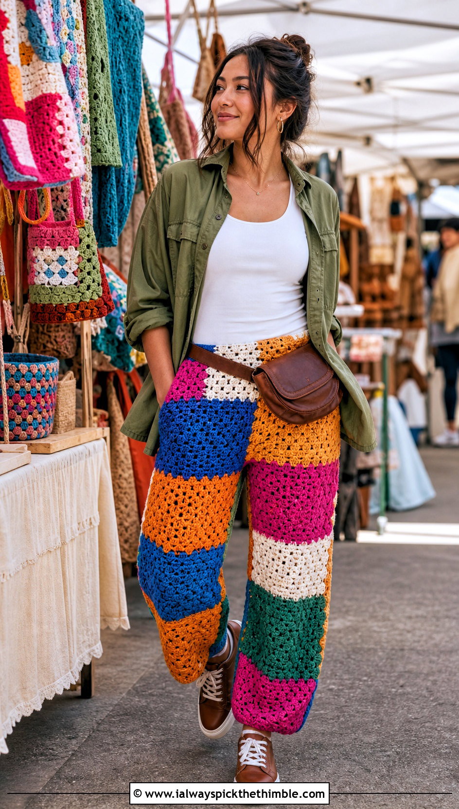 Scrap Yarn Crochet Patchwork Pants With Utility Shirt - 15 Crochet Patchwork Pants outfit ideas
