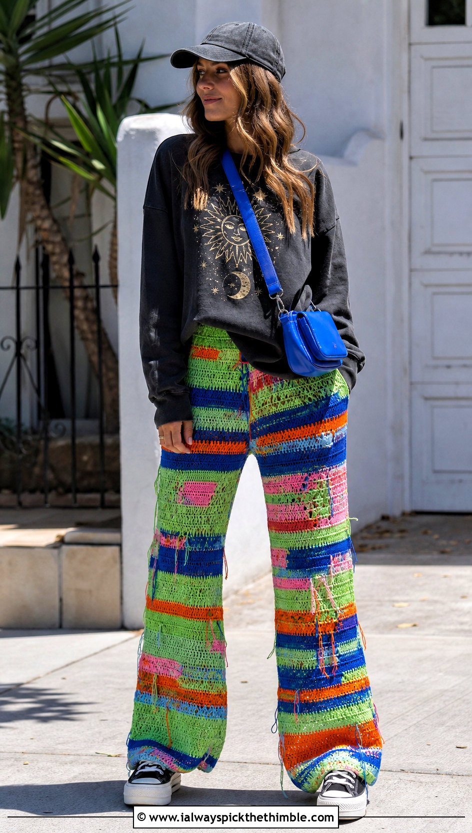 Scrap Yarn Crochet Stacked Pants With Graphic Sweatshirt - 20 Crochet Stacked Pants outfit ideas