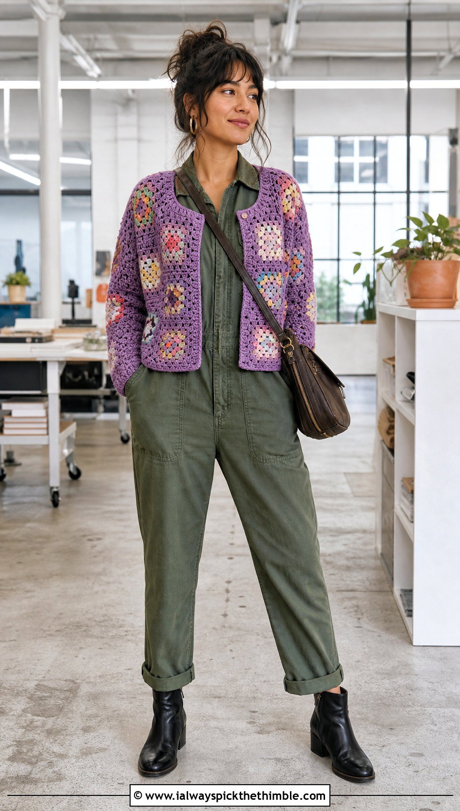 Scrap Yarn Granny Crochet Sweater With Utility Jumpsuit - 20 granny crochet sweater outfit ideas