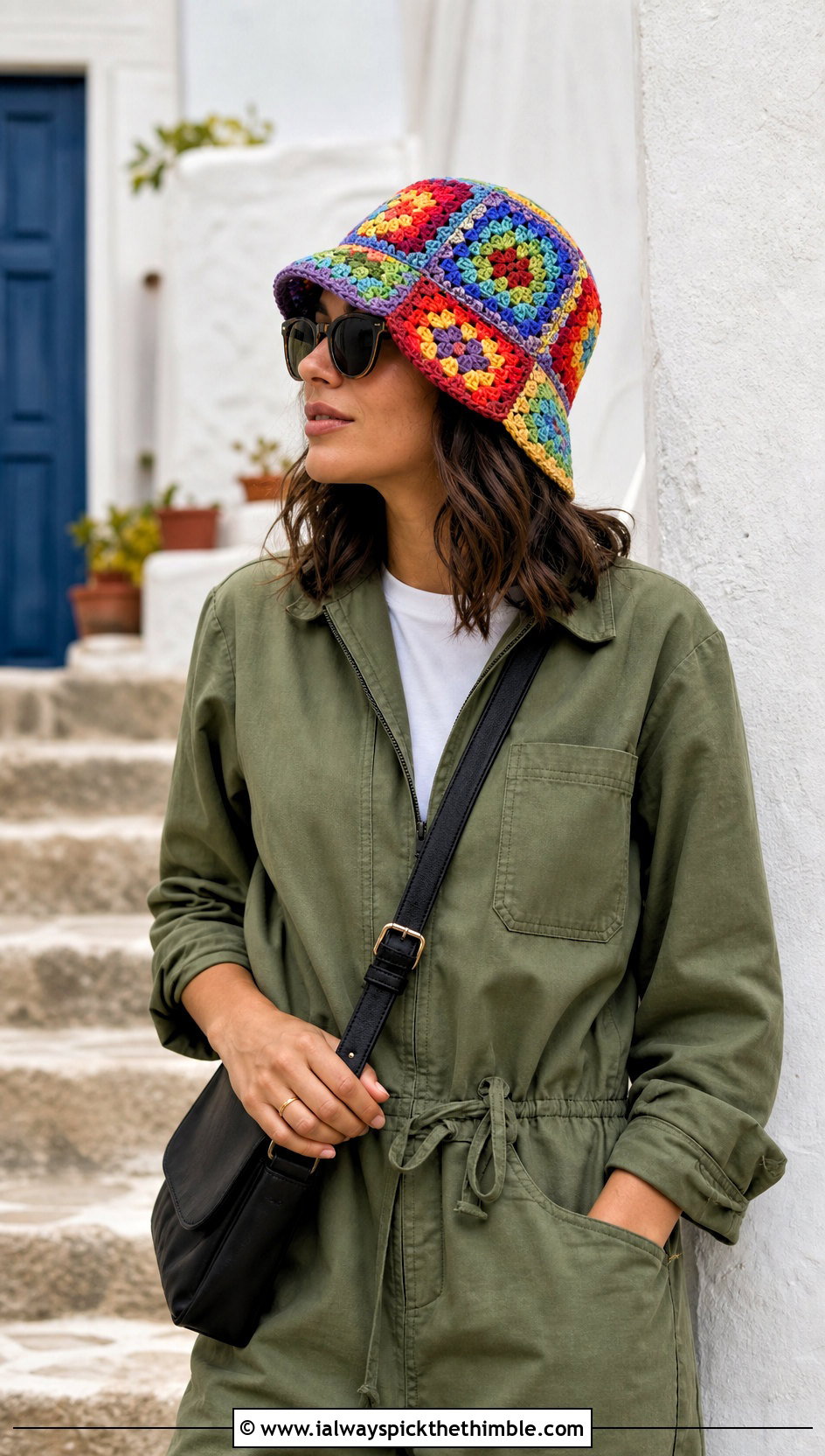 Scrap Yarn Granny Square Bucket Hat With Utility Jumpsuit And Sneakers - 20 crochet square hat outfit ideas