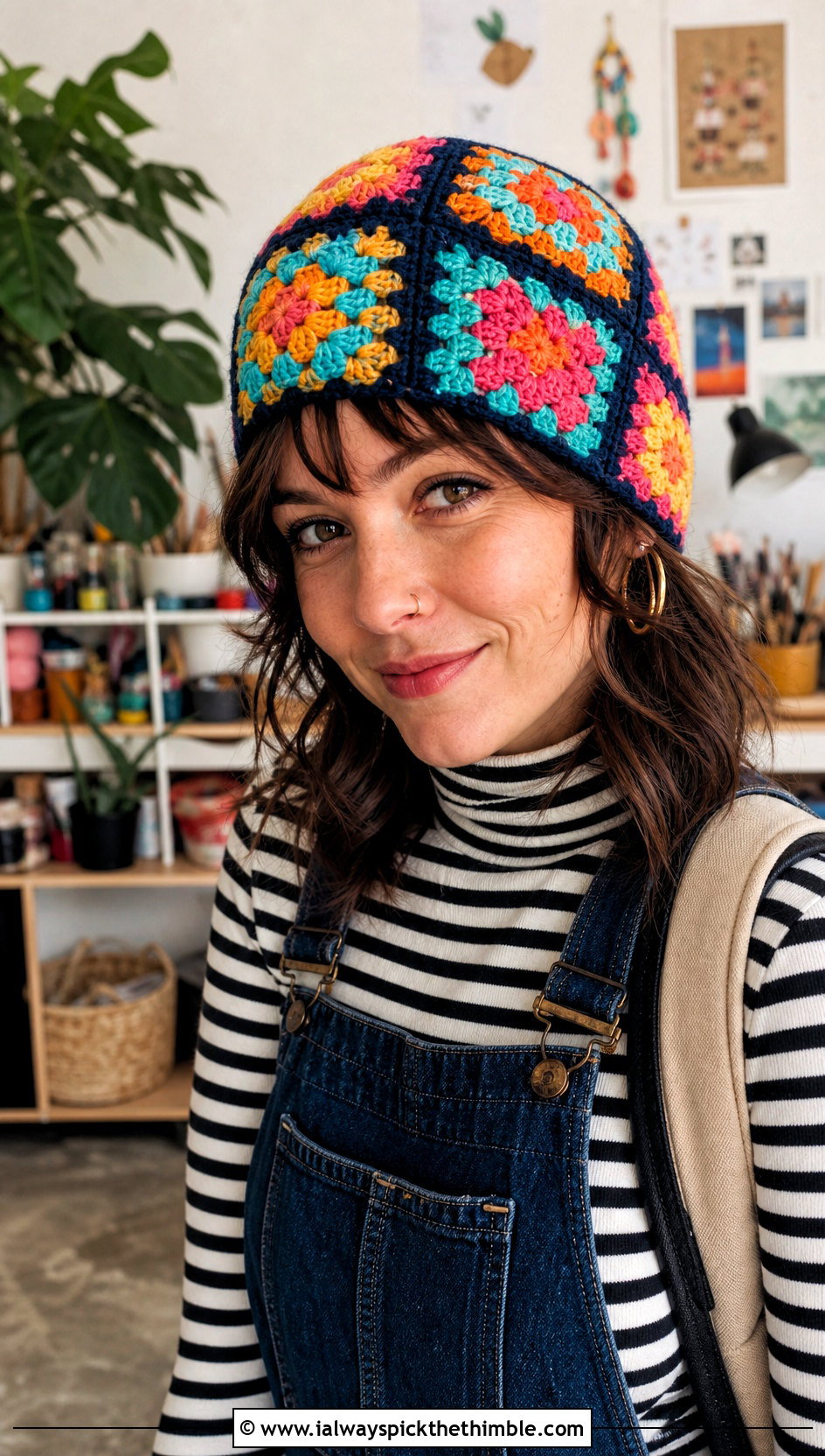 Scrap Yarn Granny Square Crochet Beanie With Overalls - 20 granny square crochet beanie outfit ideas