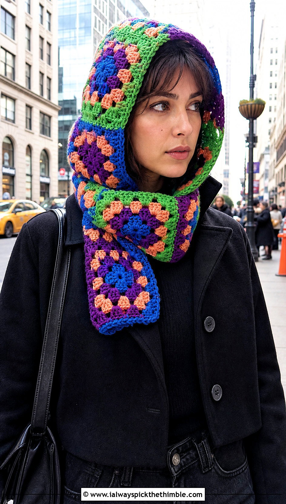 Scrap Yarn Granny Square Crochet Hooded Scarf With Black Basics - 20 Granny Square Crochet Hooded Scarf outfit ideas