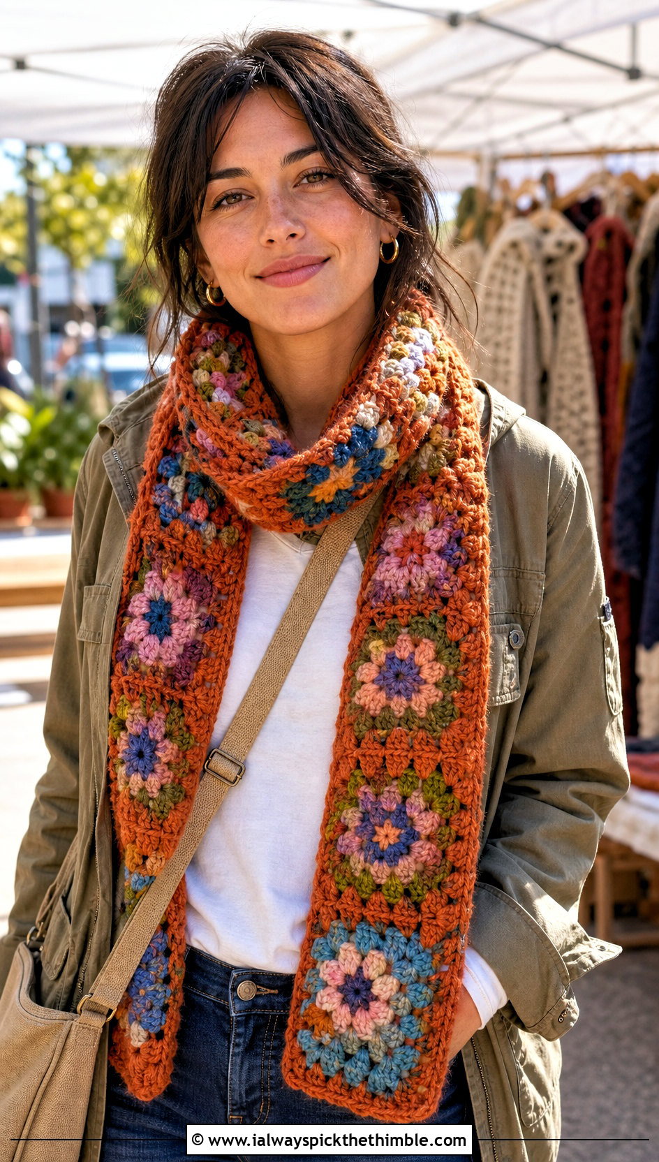 Scrap Yarn Granny Square Crochet Scarf With Utility Jacket - 25 granny square crochet scarf outfit ideas