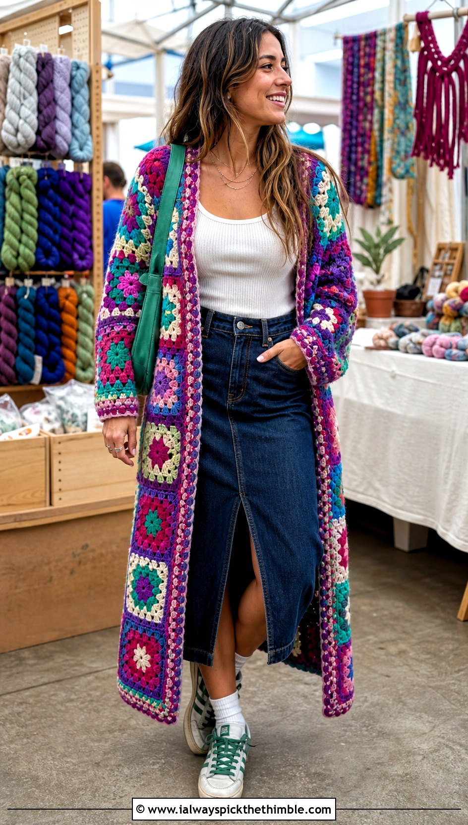 Scrap Yarn Granny Square Duster With Denim Midi Skirt - 25 granny square duster outfit ideas