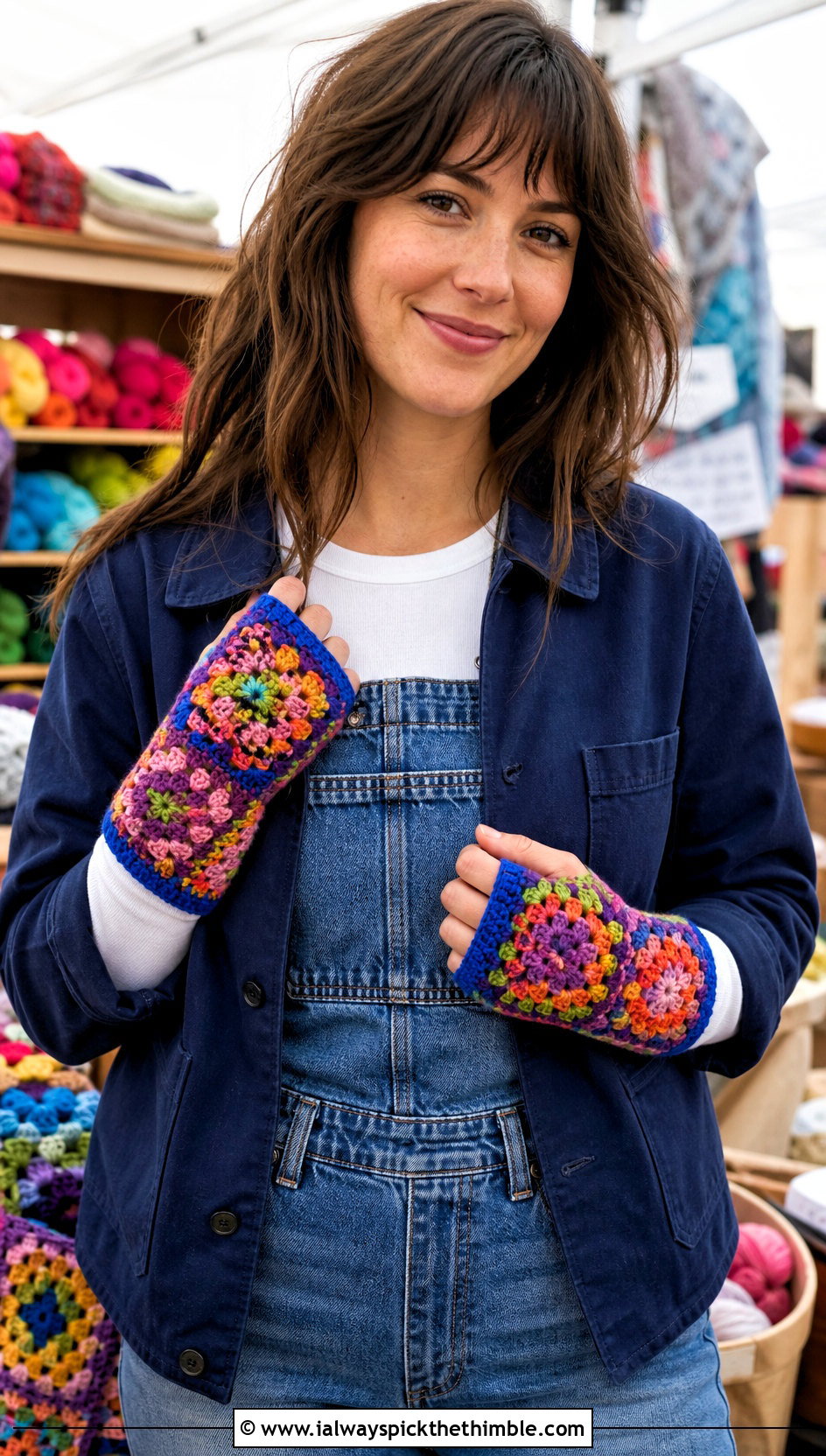 Scrap Yarn Granny Square Fingerless Gloves With Overalls - 25 granny square fingerless gloves outfit ideas