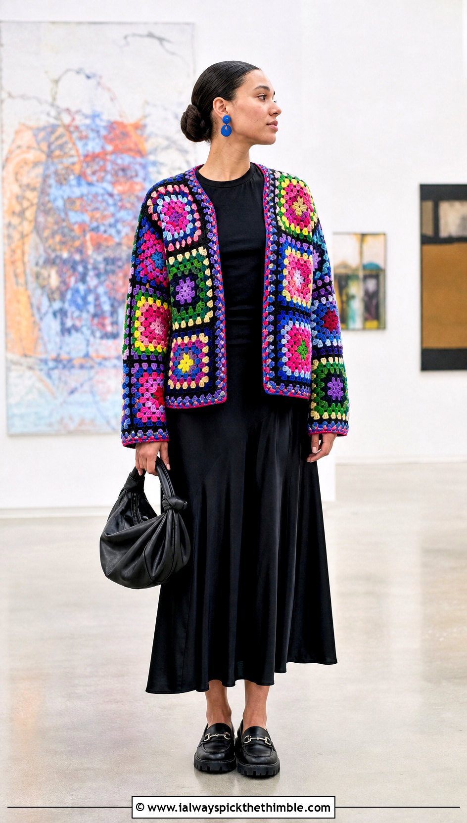 Scrap Yarn Granny Square Patchwork Cardigan With Black Maxi Skirt - 20 Granny Square Patchwork Cardigan outfit ideas