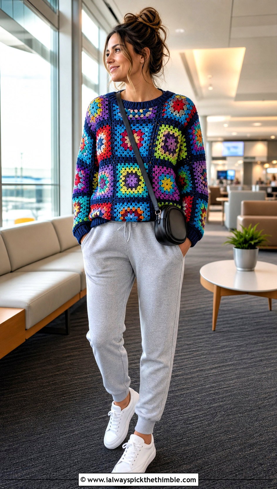 Scrap Yarn Granny Square Sweater With Joggers - 25 granny square crochet sweater outfit ideas