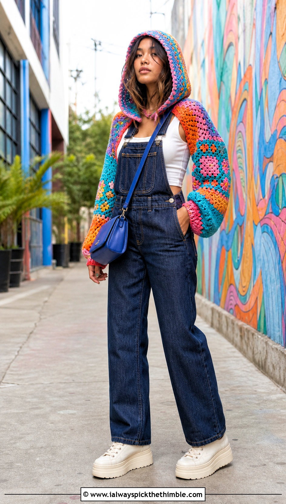 Scrap Yarn Hooded Crochet Bolero With Denim Overalls - 20 hooded crochet bolero outfit ideas