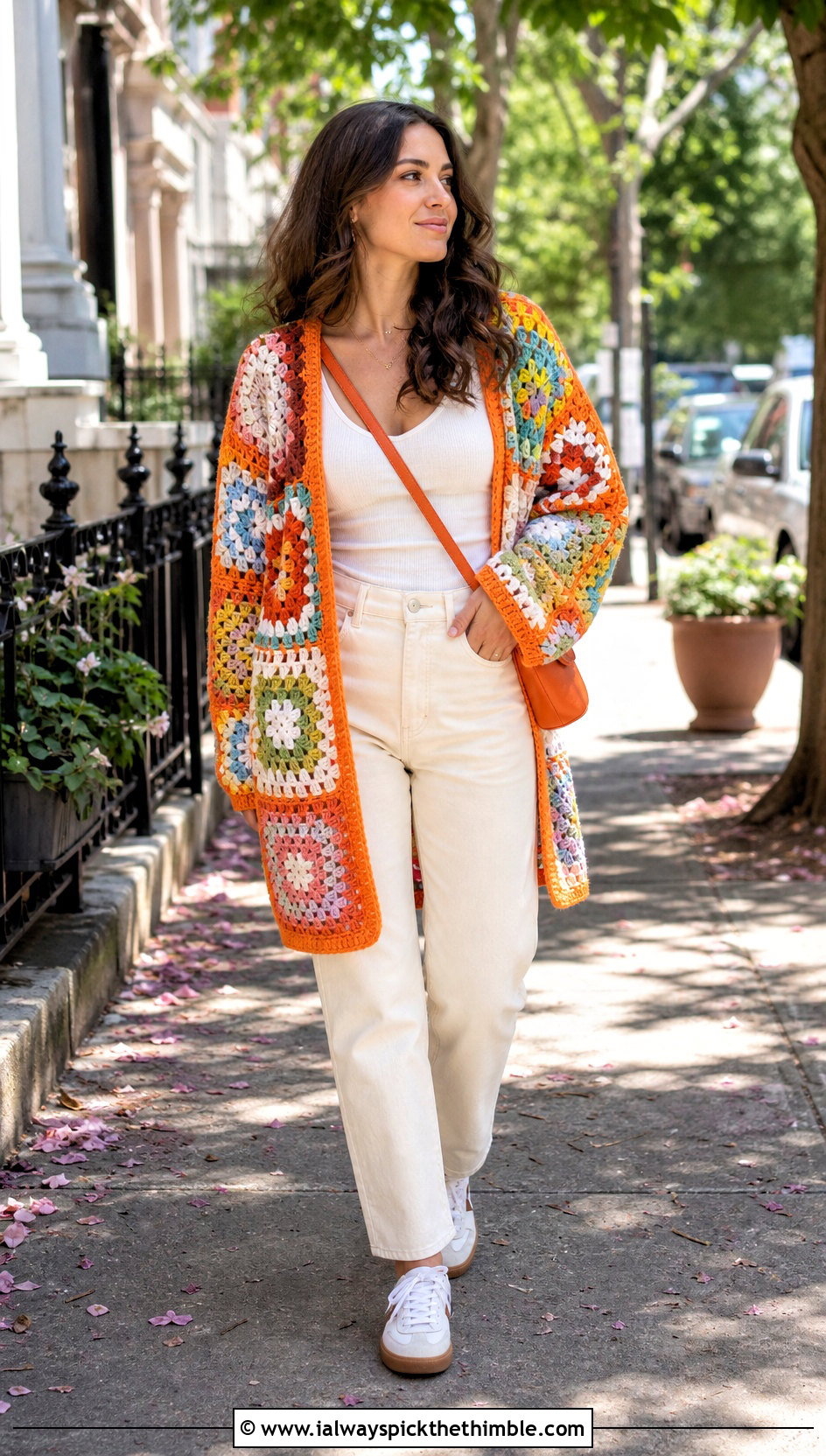 Scrap Yarn Oversized Patchwork Crochet Cardigan With White Denim - 15 oversized patchwork crochet cardigan outfit ideas