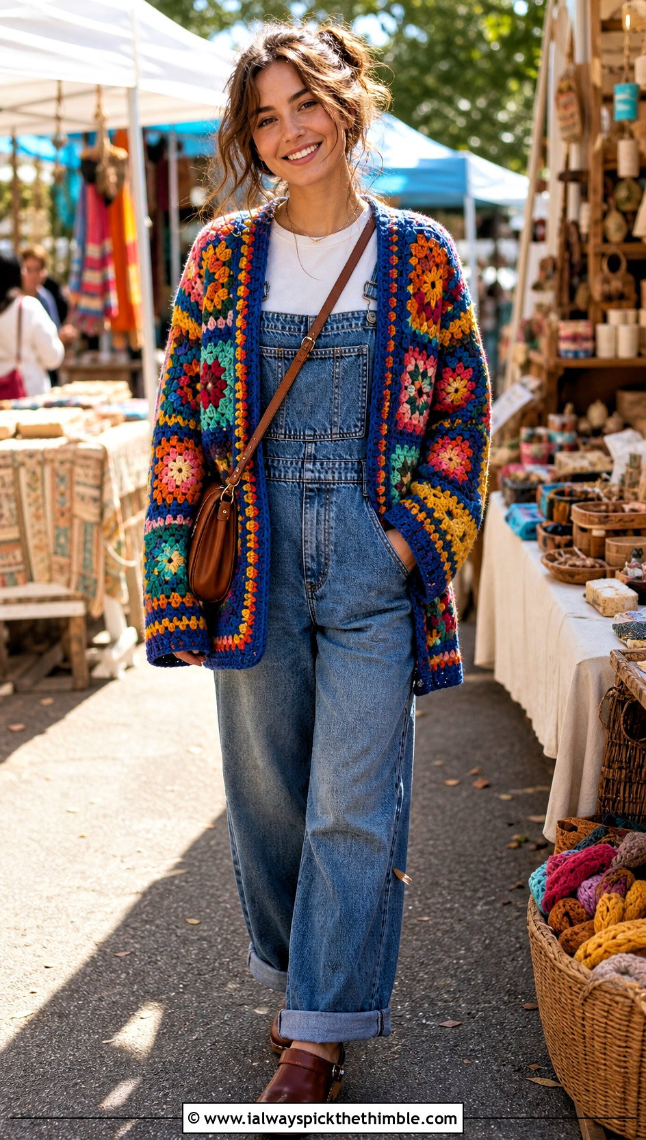 Scrap Yarn Patchwork Cardigan With Denim Overalls - 15 harry styles patchwork crochet cardigan outfit ideas