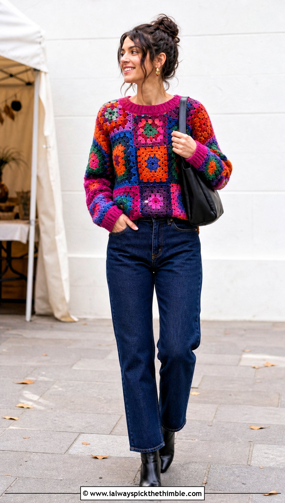 Scrap Yarn Patchwork Square Sweater With Dark Denim - 25 Crochet Square Sweater outfit ideas