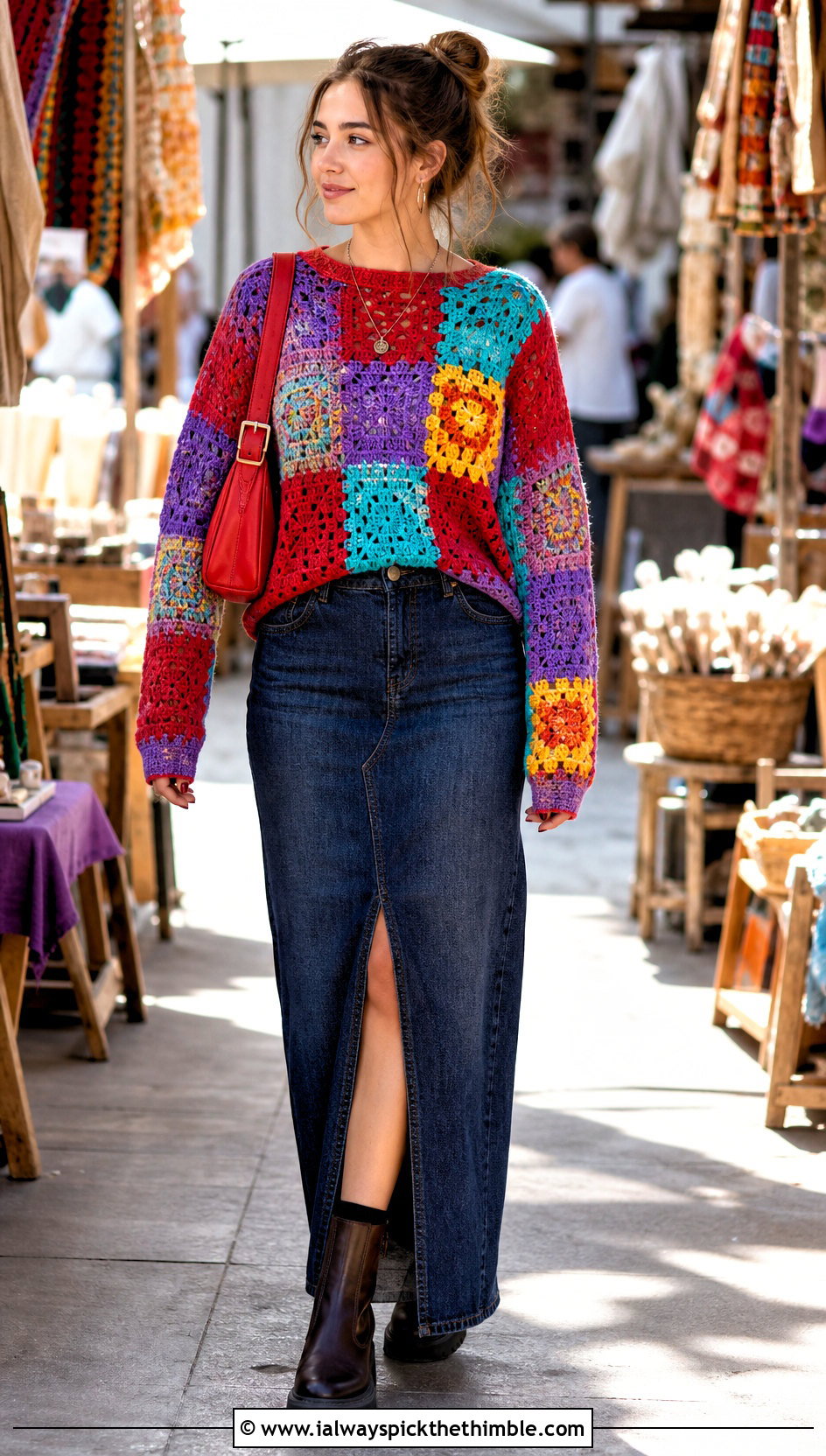 Scrap Yarn Patchwork Sweater With Denim Maxi Skirt - 20 crochet patchwork sweater outfit ideas