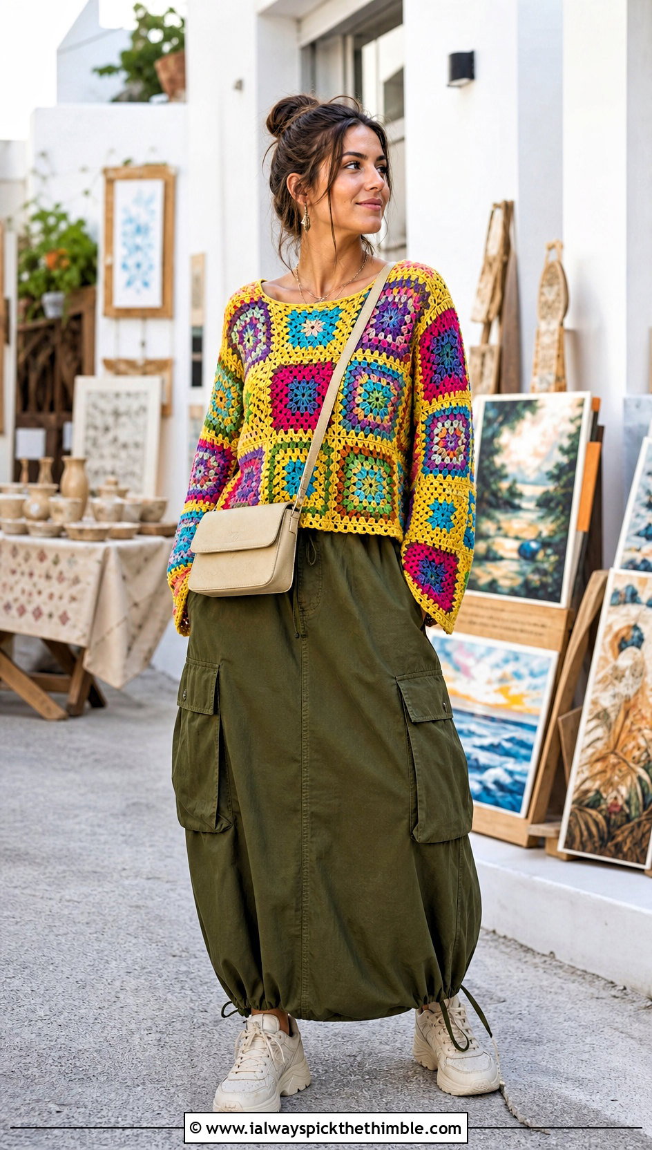 Scrap Yarn Square Jumper With Utility Maxi Skirt - 20 crochet square jumper outfit ideas