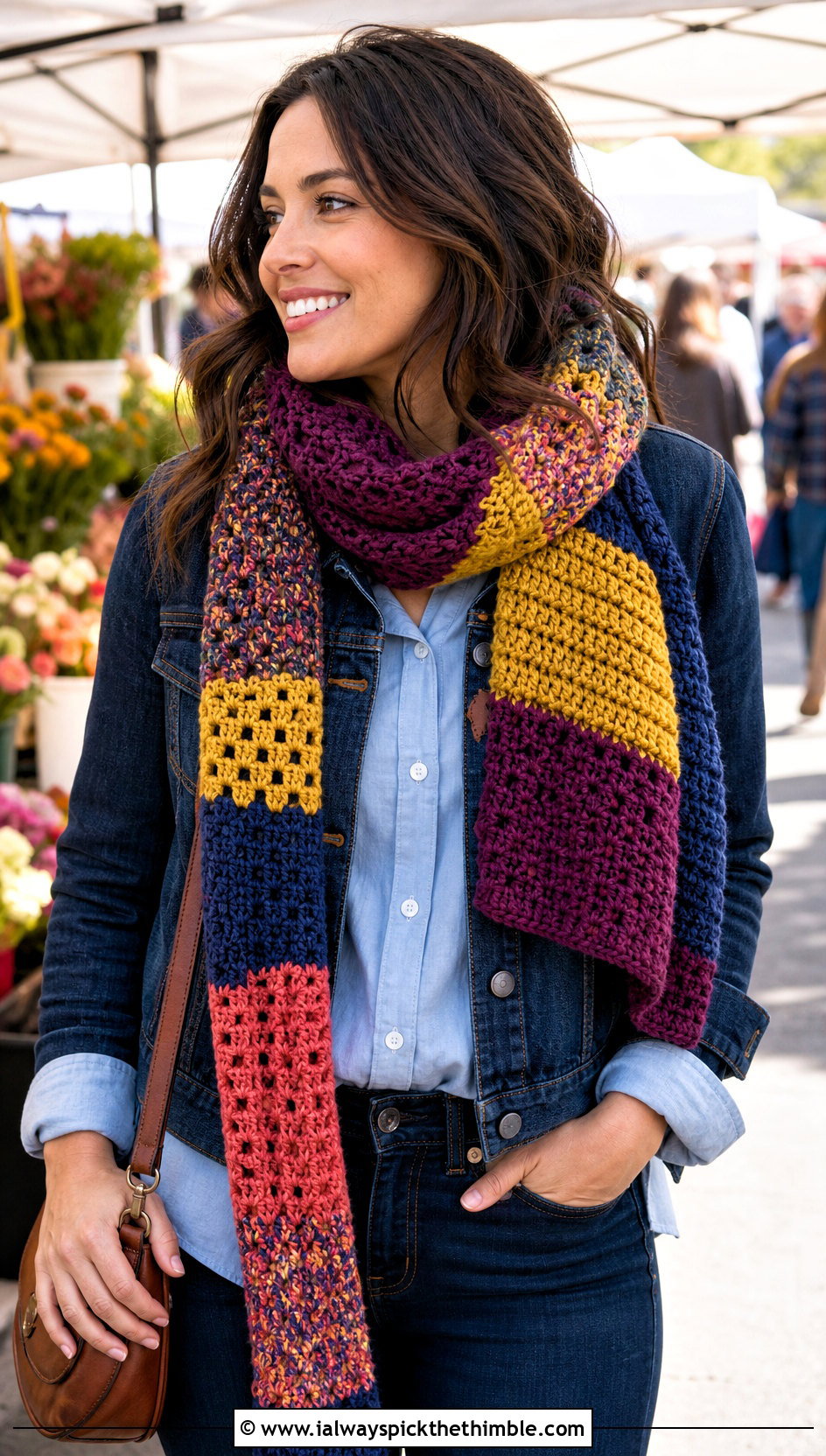 Scrappy Crochet Scarf With Double Denim Outfit - 25 crocheted scarf outfit ideas