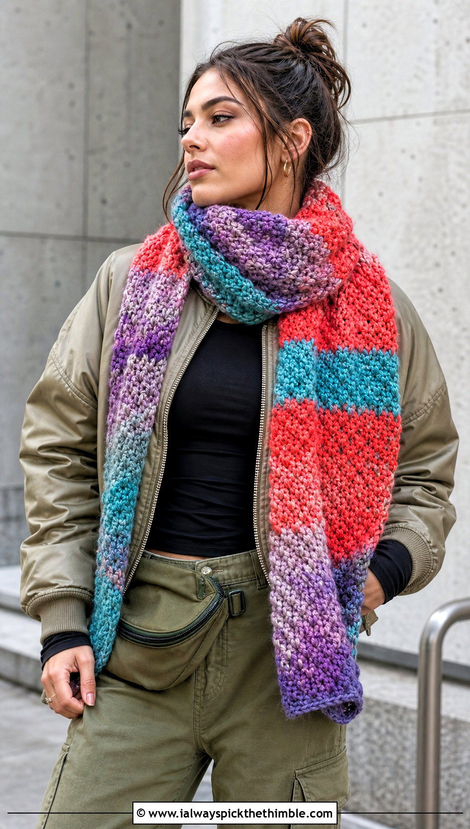 Scrappy Moss Stitch Scarf With A Neutral Cargo Outfit - 25 crochet moss stitch scarf outfit ideas