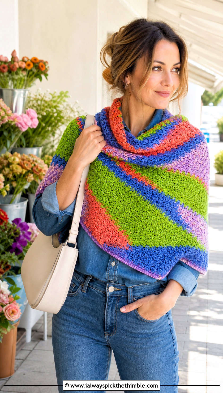 Scrappy Moss Stitch Shawl With A Denim Set - 20 Crochet Moss Stitch Shawl outfit ideas