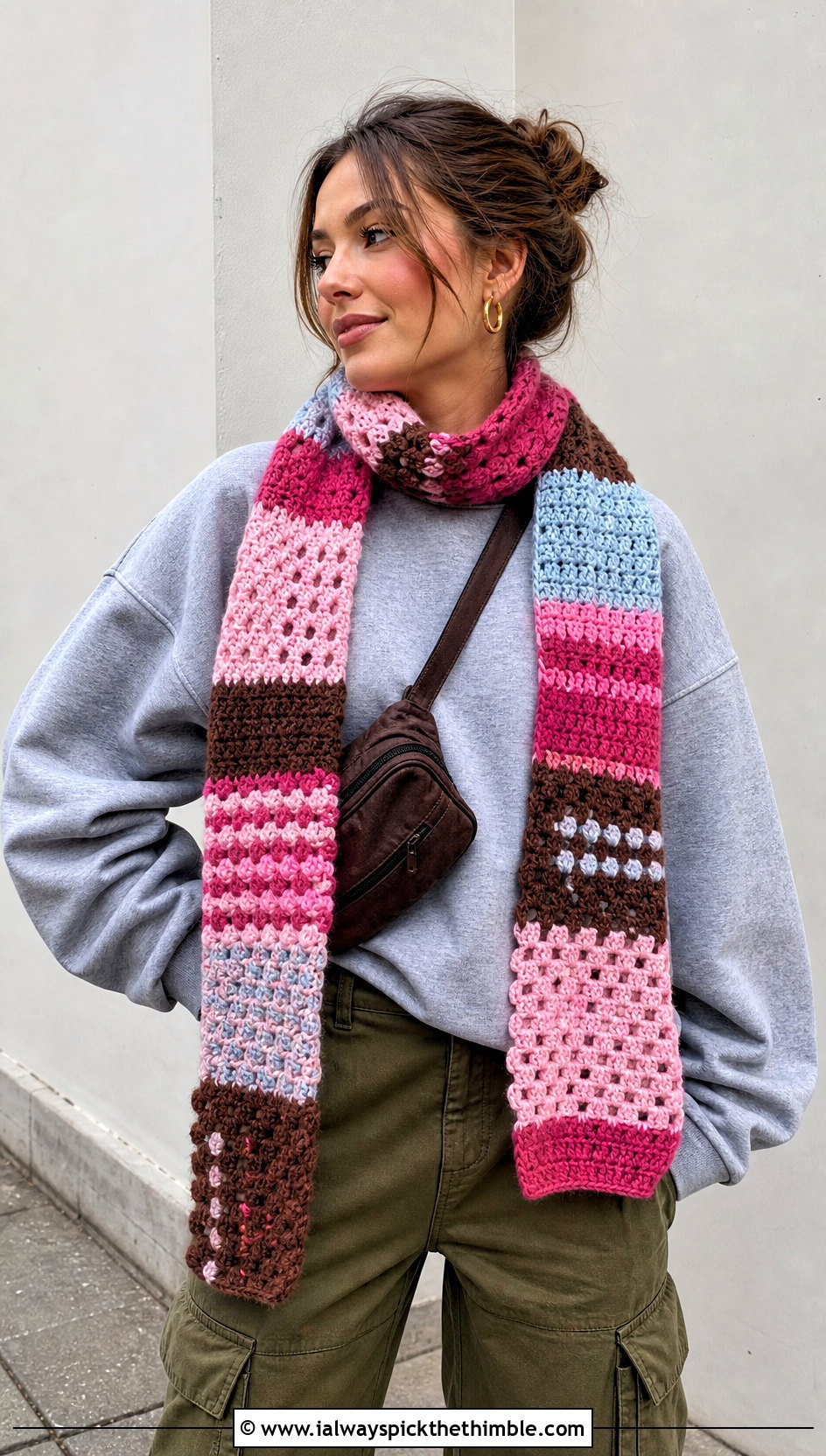 Scrappy Patchwork Crochet Scarf With Cargo Pants - 15 Patchwork Crochet Scarf outfit ideas