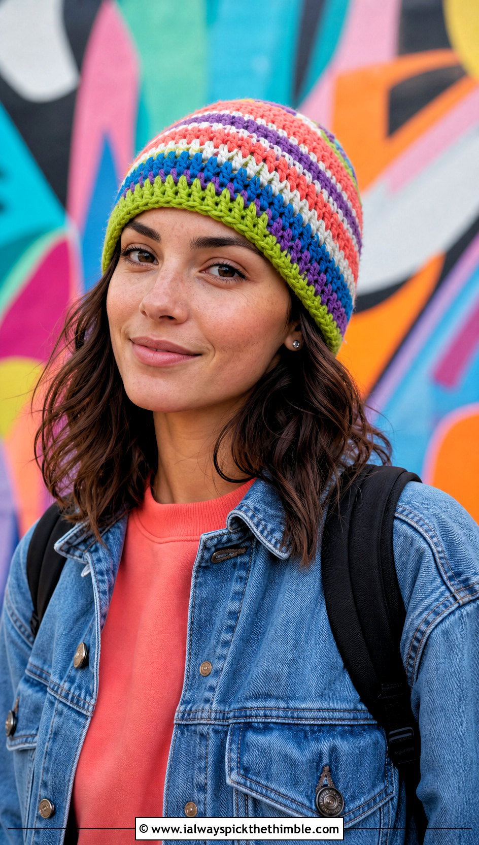 Scrappy Stripe Crochet Beanie With Patchwork Denim - 20 striped crochet beanie outfit ideas