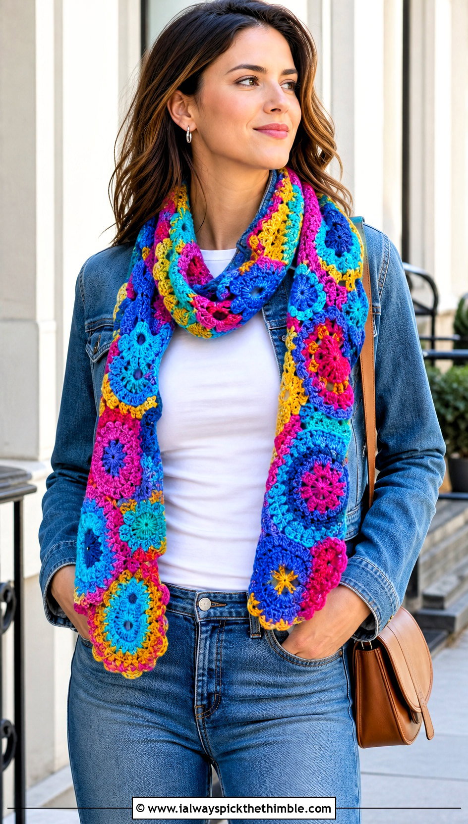 Scrumble Patchwork Freeform Crochet Scarf With Straight Leg Jeans - 20 Freeform Crochet Scarf outfit ideas