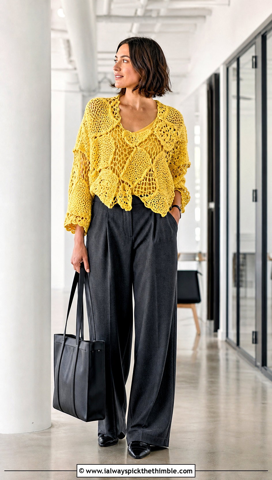 Scrumble Patchwork Freeform Crochet Sweater With Tailored Trousers - 20 freeform crochet sweater outfit ideas