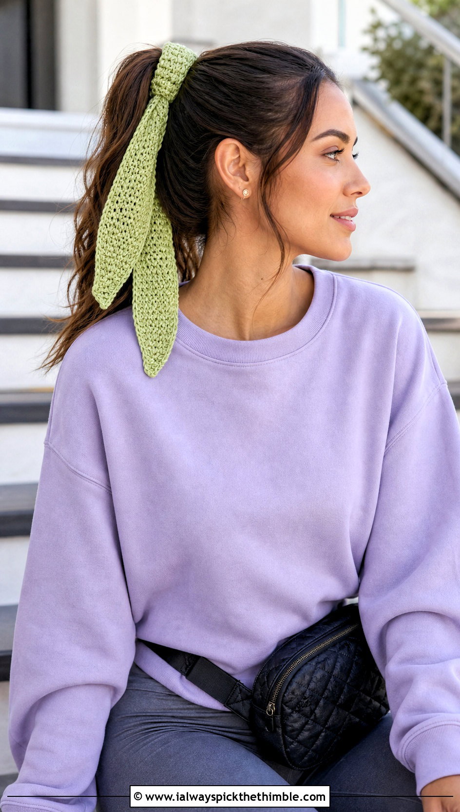 Scrunchie Scarf Crochet Hair Tie With Sweatshirt And Leggings - 20 crochet hair tie scarf outfit ideas