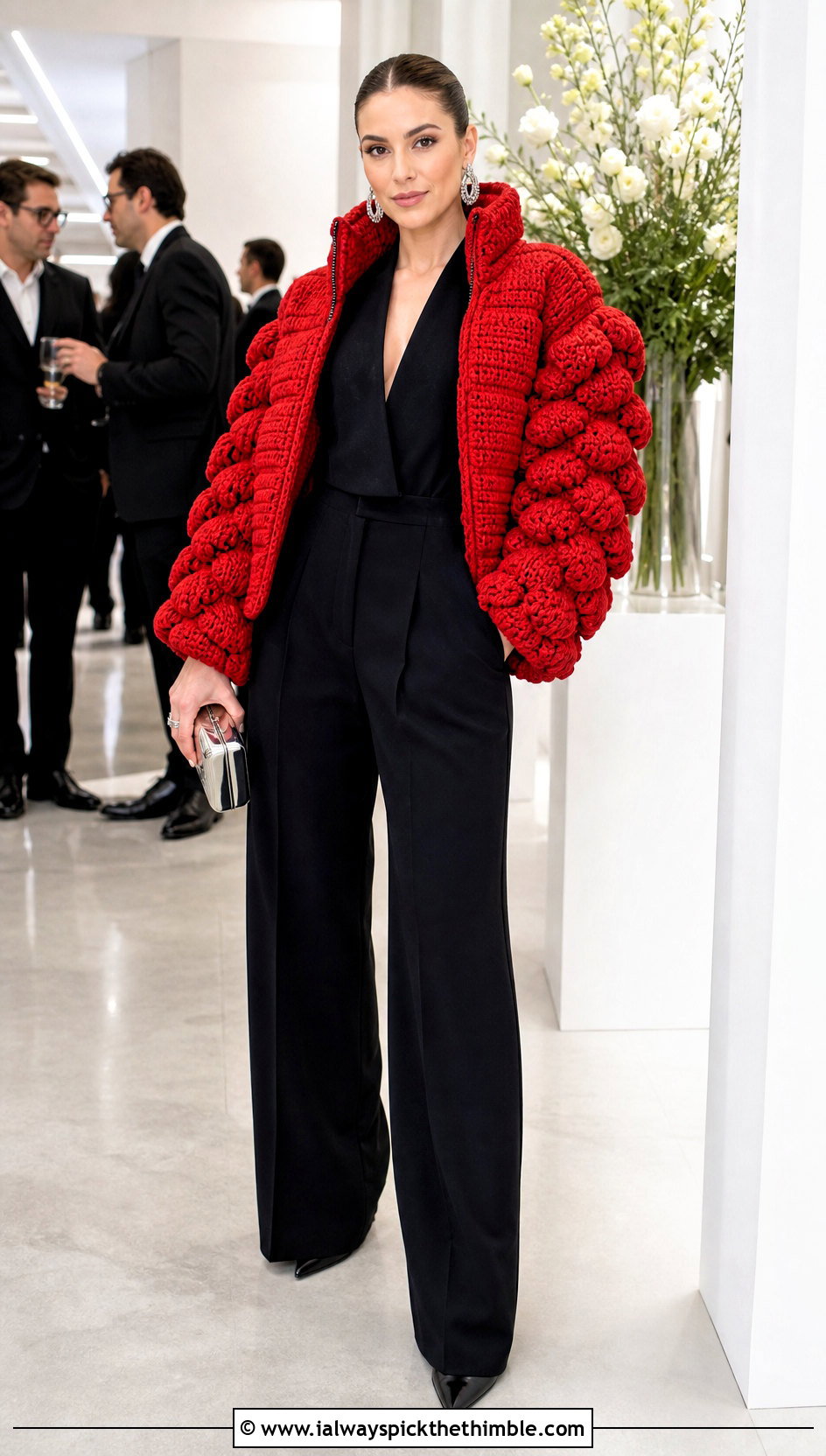 Sculpted Sleeve Crochet Puffer Jacket With Tailored Jumpsuit - 25 crochet puffer jacket outfit ideas