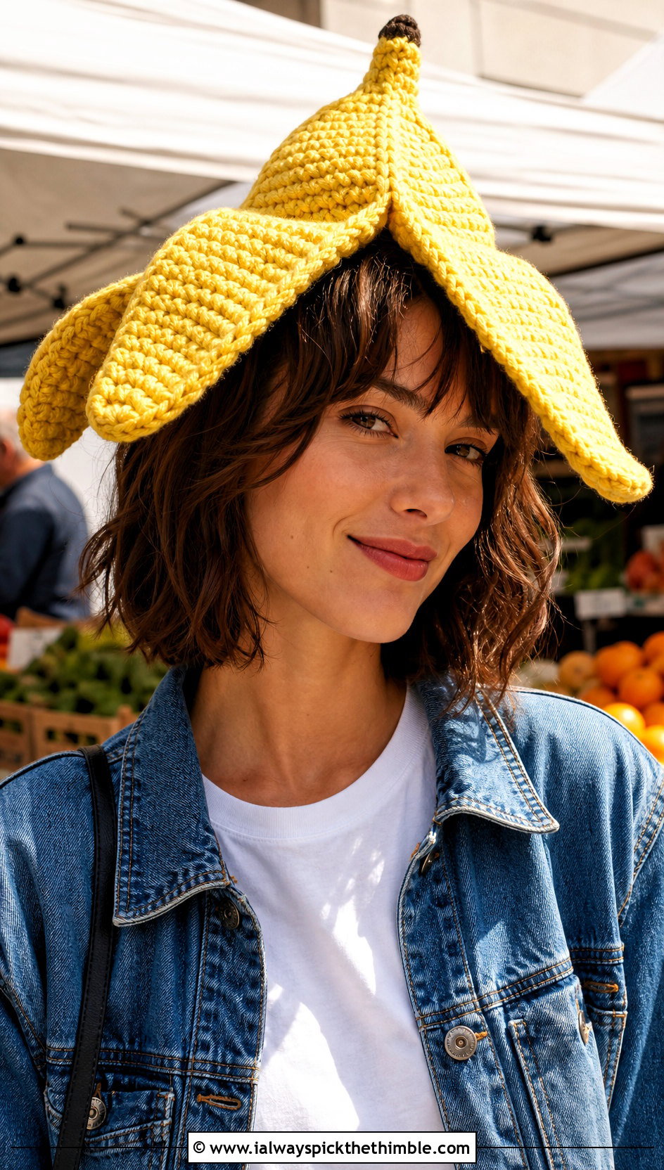 Sculptural Crochet Banana Peel Hat With Denim Jacket - 20 crochet banana hat outfit ideas